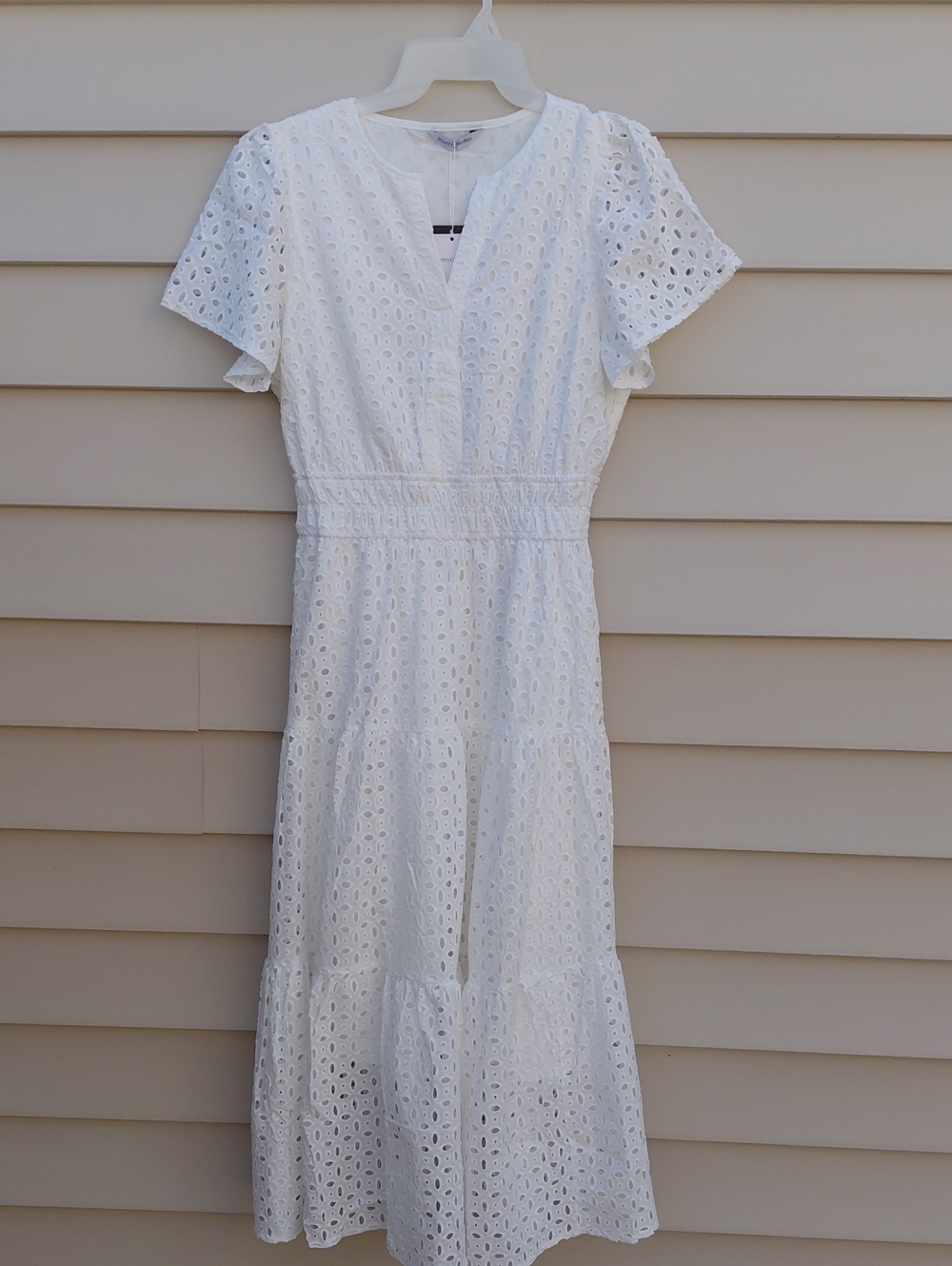PRETTY GARDEN Women's White Eyelet Cotton  Summer Maxi Dress Size M